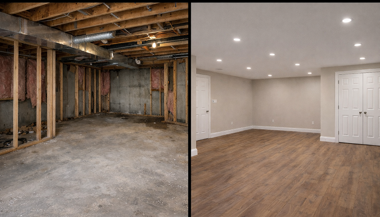 Basement finishing before and after showing Framing, insulation, drywall, flooring, and lighting.